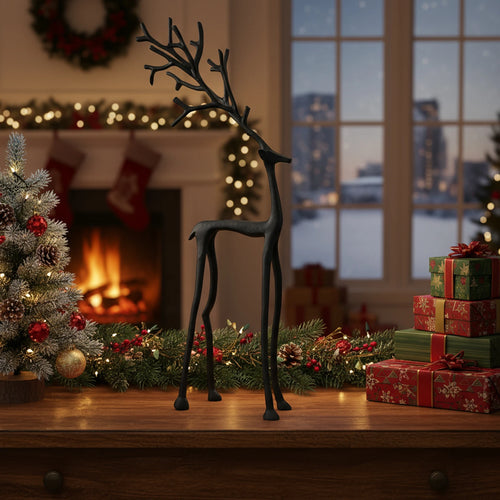 Black Alloy Reindeer Statues Christmas Reindeer Figure Sculpture Reindeer Sculpture for Living Room Office Table Decor Gift